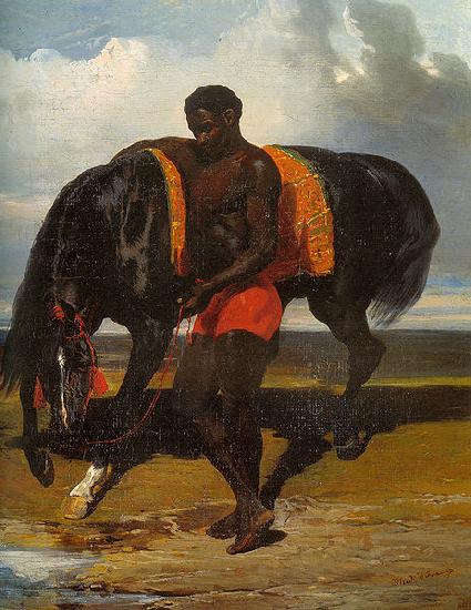 Alfred Dedreux Africain tenant un cheval au bord d'une mer oil painting image